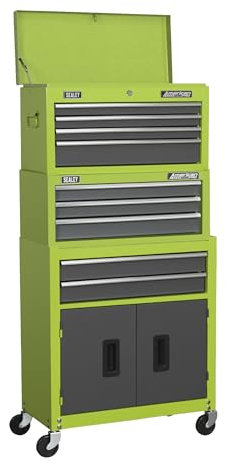 Sealey 9 Drawer Topchest, Mid-Box & Rollcab Stack / Tool Chest on Wheels - Green - AP2200BBHVSTACK
