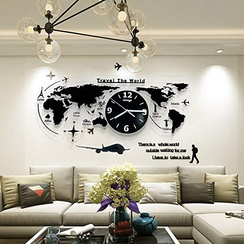 3D Acryl Weltkarte mit Uhren Set - Wohnzimmer verzierte Moderne Wanduhr - Schwarz MDF Weltzeituhren Wanduhren Schilder Kontinente Länder Wanddeko Wall-Art,120x58cm