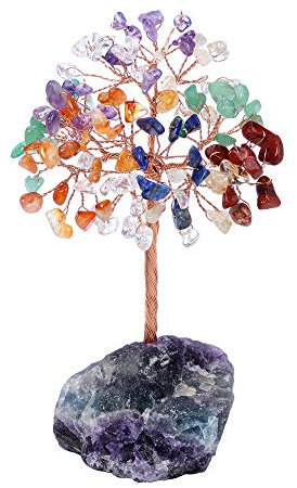 JSDDE Feng Shui Baum Geldbaum aus natürliche Edelteine Baum des Lebens Fluorit Basis Wire Wrap Trommelsteine Lebensbaum Glückbaum Familie Büro Tisch Zimmer Dekoration (7 Chakra)