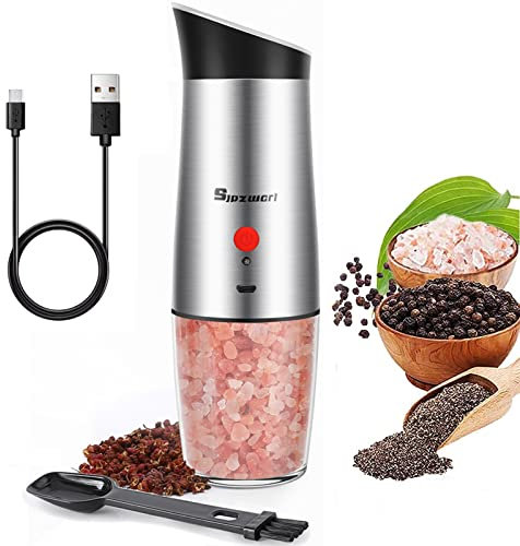 Sjpzwcrl Macina Sale e Pepe Elettrico: - Macinino Pepe Nero in Grani Macinapepe Spezie Macinato Sale Grosso Peperoncino Ricaricabile Rugosità Regolabile con Luce LED Senza Fili, 1 Pezzi
