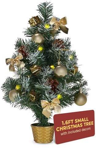 Festive Fix Mini Tabletop Christmas Tree – 40cm Pre-Lit Battery-Operated Xmas Tree with 30 LED Lights, Gold Baubles, Bows & Real Pine Cones – Perfect Small Christmas Decoration