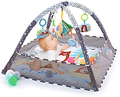 Trongle Baby Play Gym, Baby Play Mat Newborn with 5 Hanging Toys and 18 Ocean Balls, Lightweight Foam Stand Washable Soft Cotton Base, Playmats & Floor Gyms for 0-24months, with Carry Bag (80x80x55cm)