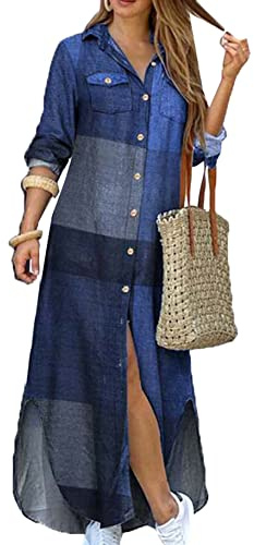 YMING Femme Robe Chemisier à Col à Revers Et Fente sur Le Devant Robes Longues Boutonnées à Carreaux Amples Bleu L
