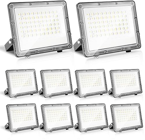 Jopassy Faretto LED per esterni, 10 pezzi, 50 W, 4950 lm, super luminoso, 6000 K, bianco freddo, IP65, impermeabile, per campi sportivi, prati, cortili, vialetti, garage