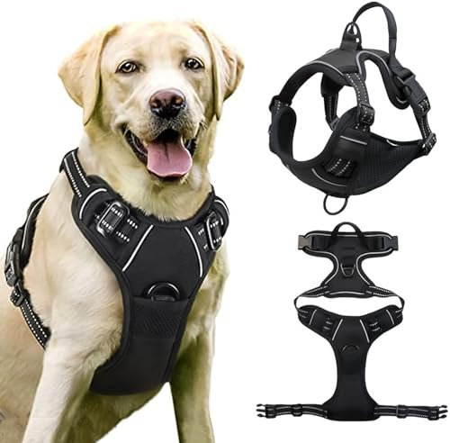 BDSHUNBF Hundegeschirr Ohne Zug, Atmungsaktiv Brustgeschirr mit Reflexstreifen, Einstellbar Weich Schwarz L