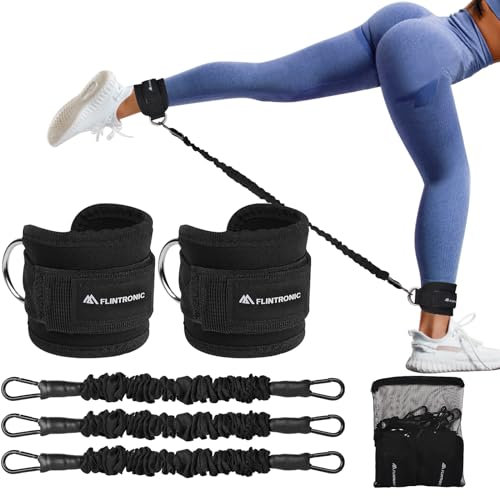 flintronic 1 Paire Sangle Cheville Musculation Poulie, Sangle de Cheville Réglable Gymnastique, Sangle Musculation avec Double Anneau D, Ankle Straps, Accessoires pour Fitness, Sport, Gym, Noir