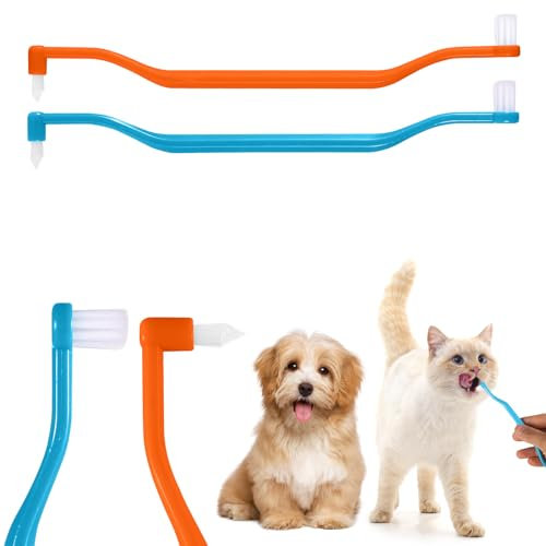 2 Stück Katzenzahnbürsten, Doppelseitig Katzenzahnreinigungsbürste mit Mikrobürstenkopf und gebogenem Griff Tiefenreinigung für Kätzchen Katzenzahnpflege Zubehör (Blau-Orange)