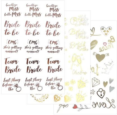 WHYCNJL 60 Pezzi Tatuaggi Addio Al Nubilato Tatuaggi Temporanei Sposa Addio Al Nubilato Gadget Amica Team Bride Decorazioni Matrimonio Feste Doccia Nuziale 3 Fogli Oro Argento E Oro Rosa