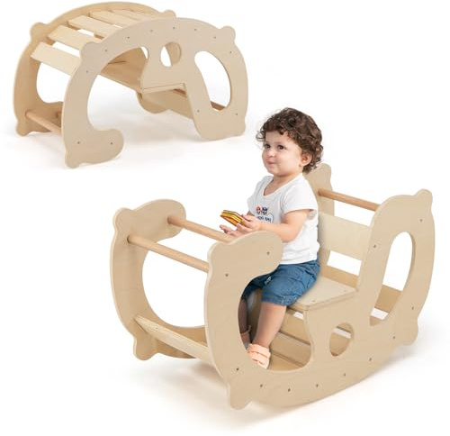 HONEY JOY Wooden Rocking Climbing Arch, Montessori Kids Arch Rocker Climber Ladder for Rocking Horse, Children Indoor Outdoor Gym Learning Playset, Playground Climbing Toys for Toddler Gift (Natural)