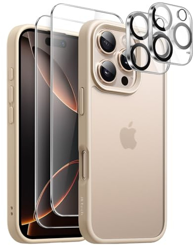 JETech 5 in 1 Matte Case for iPhone 16 Pro, Desert Titanium | 2 Tempered Glass Screen Protectors, 2 Camera Lens Protectors, Translucent Back Protective Phone Cover