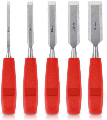 5 Pcs Wood Chisel Sets, Wood Chisels for Woodworking DIY Carving Tools with Bevel Edge, Carpenters Chisel Set with Non-slip Long Handle, Hand Woodworking Tools for Carpentry Joinery Sculpting, 5 Sizes