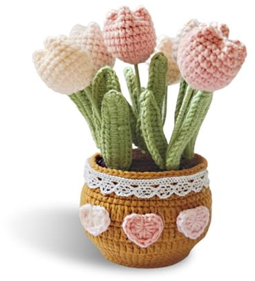 Crochet Flowers Handmade Artificial Flowers Tulip Soft Knitted Flower Crochet Flower Bouquet for Home Office Table Decor Floral Gift for Women