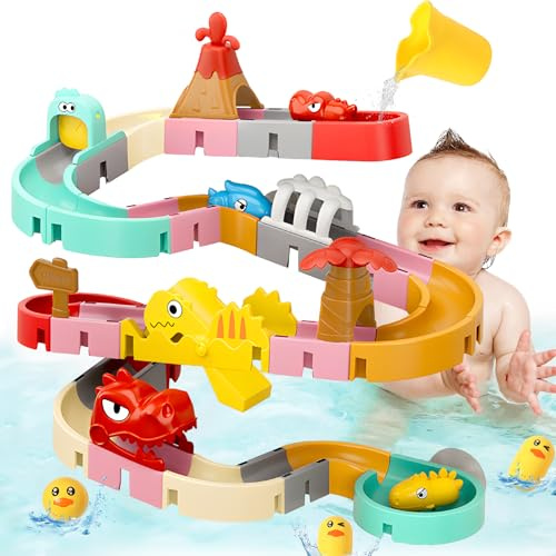 XIAPIA Bath Toys for 2 3 4 Year Olds Gifts, 48PCS Toddler Water Toys Balls Track Game Shower Toys Baby Water Slide Play for Kids, Bathtub Dino Theme Bath Toys for 3-6 Year Old Boys Girls