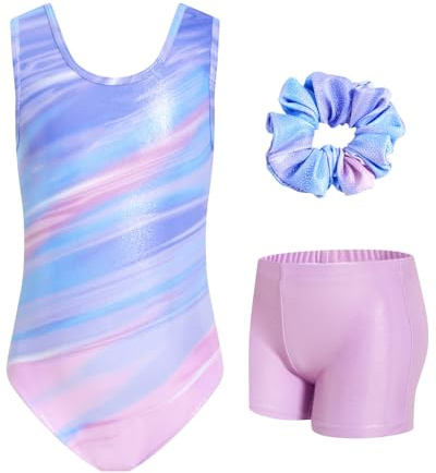 JiAmy Body da ginnastica per ragazze, 3 pezzi, a maniche corte, outfit atletico scintillante, con pantaloncini, per danza, età 3-12 anni, 11-12 Years