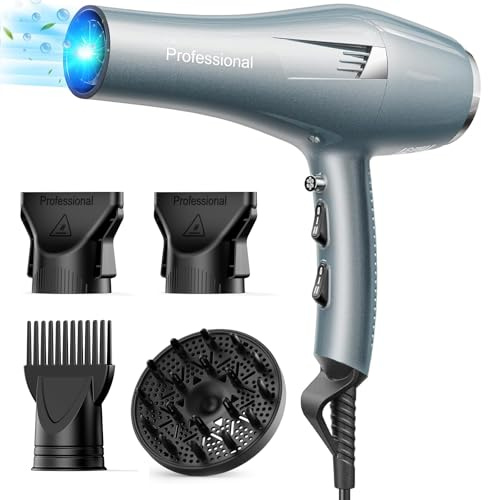 Phon Capelli Professionale 30m/s Asciugacapelli, 120 Milioni di Ioni Negativi, Asciugatura Rapida per Salone e Casa, 3 Temperature, 2 Velocità, 4 Accessori (Diffusore + Ugelli) (Argento)