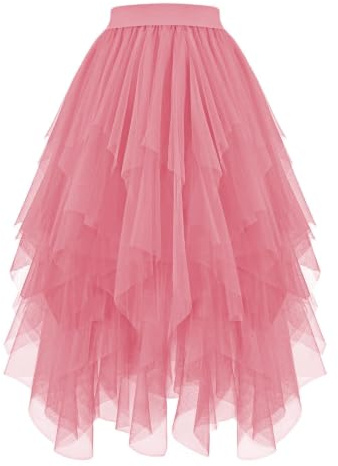 JASGOOD Women's Tulle Skirt High Low Layered Irregular Ladies Elastic Waist A-Line Midi Ballet Skirt for Prom Party Daily