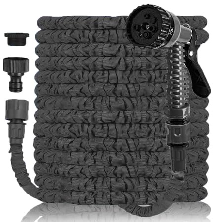 Tuyau d'arrosage extensible de 7,6 m, léger, anti-fuite, extensible avec 7 buses de pulvérisation réglables pour lavage de voiture, nettoyage, arrosage de la maison et de la pelouse (noir)
