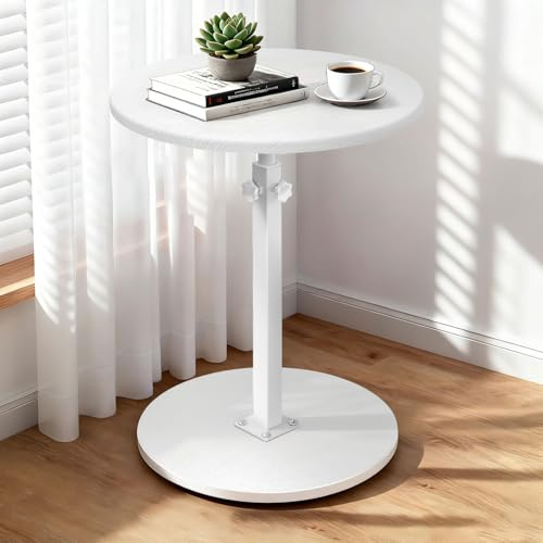 johgee Tavolino in Legno Regolabile con Ruote, Regolabile da 45 a 77 cm, ⌀ 40 cm, Tavolino Rotondo per Soggiorno, Camera da Letto, Cucina, Ufficio, Bianco