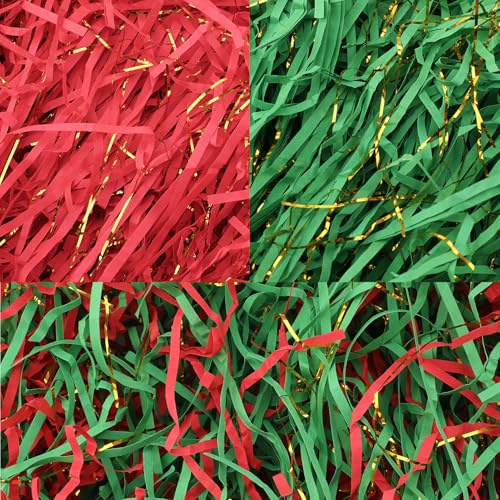 Meng Jiaran Glitter Shredded Tissue Paper for Hampers 200g Shredded Tissue Paper for Gift Boxes Wrapping, Tissue Filling Packaging Filler for Christmas Birthdays, Red Green Mix Gold