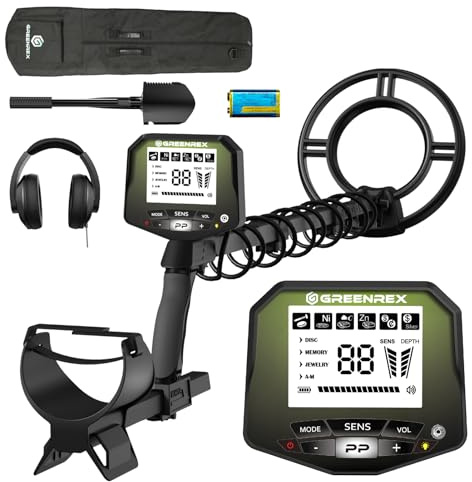 GreenRex Detector de Metales Profesional para Adultos, Localización precisa Impermeable, Alta precisión Oro y Plata, Utilizable bajo el Agua y Playa, Bobina de 25,4 cm IP68, Pantalla LCD, Chip DSP