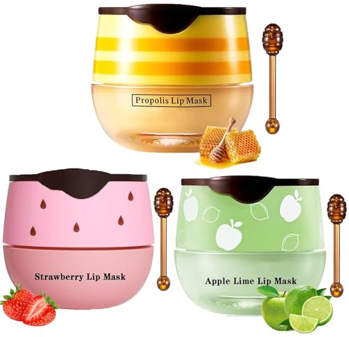 3Pcs Bee Lip Balm Honey Pot with Stick Day And Night Repair and Care Lip Mask Moisturizing Lip Sleeping Mask Silky Hydrate Repair Prevent Dry Cracked Lip Exfoliator (Honey+Strawberry+Apple Lime)