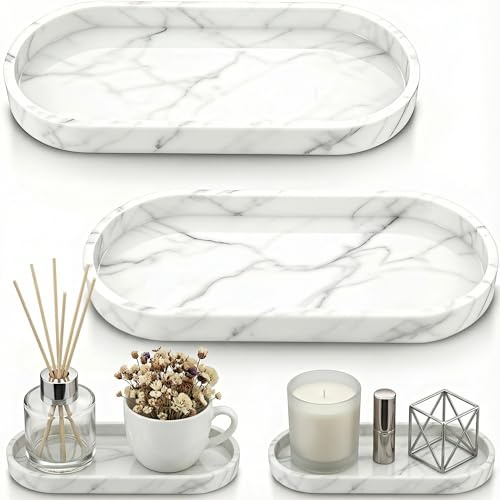 2 Stück Tablett Marmor Weiß aus Silikon | 25 × 11 × 2cm Badezimmer Tablett Weiß, Rutschfest und Praktisch