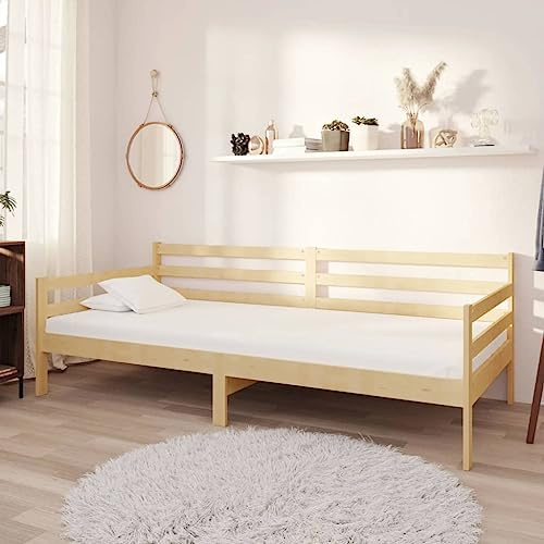 Hoopleep Furu, massivt trä, dagsäng med madrass, 90 x 200 cm, robust bäddsoffa för gäster, hållbar sängram med ribbotten, 204 x 98 x 70 cm, obehandlat trä, inklusive PU-skummadrass