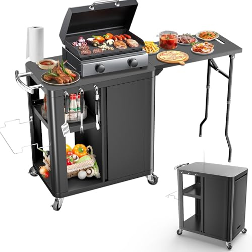 GFTIME Grillwagen, Grillschrank mit klappbarer Beistelltisch, Grilltisch Outdoorküche mit Haken, Aufbewahrungsregal und Schrank, Servierwagen mit Rollen, Außenküchen,143×37×89cm