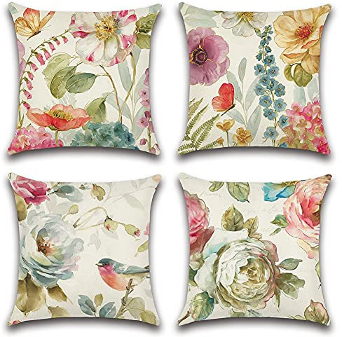 Artscope wasserdichte Kissenbezugen, 4er Set Bunte Blumen Vögel und Schmetterlinge Kissenhülle Atmungsaktiv Kissen Fall für Patio Garten Bauernhaus Dekor 45x45CM