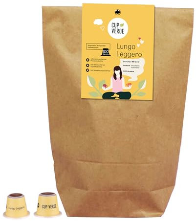 CUP VERDE Lot de 100 capsules de café compatibles Nespresso* Biodégradables - Commerce équitable - Légèrement torréfiées et savoureuses - Faible emballage Lungo Leggero (jaune, 100)