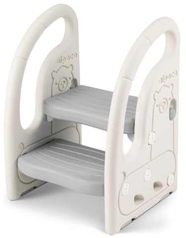 Onasti Taburete de 2 Pasos para Bebé y Niños Pequeños, Altura Ajustable, Multifunción y Antideslizante para Cocina y Cuarto de Baño (Gris)