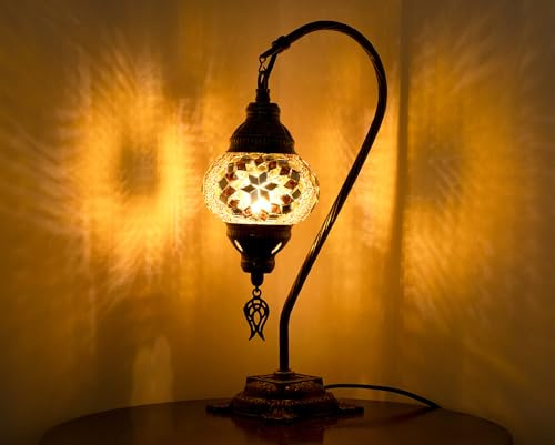 Selenly Moroccan Mosaic Table Lamp - Handmade Tiffany Swan Neck - Moroccan Light - Mosaic Lamp - Decorative Lamps for Home/Office (Brown, Small)