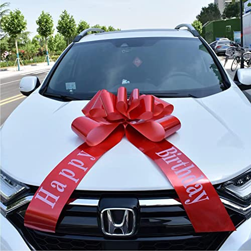 Chexin Grand nœud Rouge géant pour Anniversaire de Voiture, Happy Birthday, Grand nœud Cadeau – XL 58 cm et nœud avec Rubans de 185 cm, Grosse Maille, pour vélo