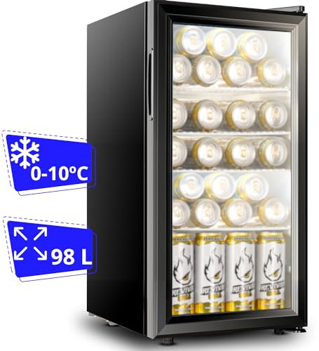 Cassary Mini frigo chambre de 35/52L (température de 0-10ºC). Frigo bar avec porte vitrée. Mini réfrigérateur de chambre pour snacks, boissons, cosmetiques... Petit frigo boisson vitrine (98 litres)