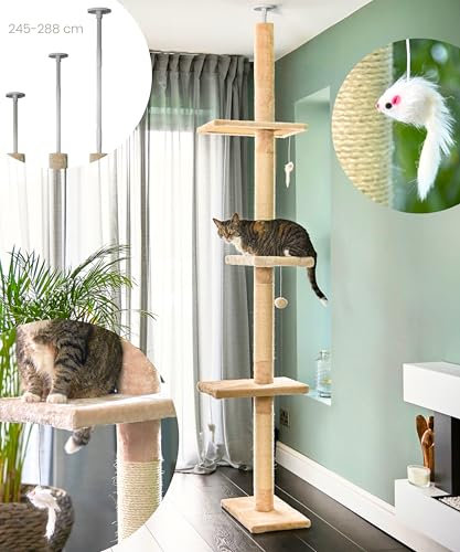 Runesol Kratzbaum deckenhoch, 236-278 cm hoher Katzenbaum mit Mehreren Etagen, Höhenverstellbarer Katzenkratzbaum Beige, große Plattformen und Wandhalterung, Katzenzubehör für Hauskatzen