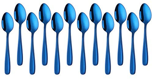 SBOMHS Teskedar 12 st rostfritt stål kaffeskedar 13,5 cm små skedar espressosked dessertsked mini teaspoonger metall mockasked (blå)