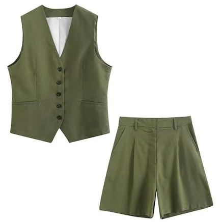 Conjunto de Chaleco Informal de Verano, Chaleco Suelto de Mezcla de Lino + Conjunto de Pantalones Cortos, Traje Verde Militar para Mujer A0-L