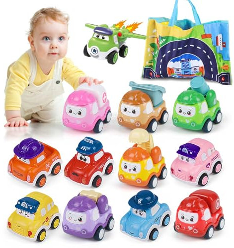 Kids Toys for 1 Year Old Boys, 12PCS Mini Baby Pull Back Car， Friction Power Vehicles with Play Mat and Storage Bag, Infant Birthday for Toddler Aged 2 3 4