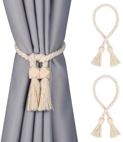 Moorle 2 Stück Raffhalter für Vorhänge Beige, Magnetische Vorhang Raffhalter, Vorhänge Band zum Zusammenbinden, Boho Vorhang Halter Magnetisch Gardinen Raffhalter für Kinderzimmer Büro Schlafzimmer