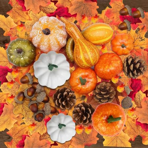 Lunriwis 88 Stück Halloween künstliche Kürbisse Herbst Dekoration Set Kürbis Ahornblätter Eicheln Set Tannenzapfen für Halloween Thanksgiving Festliche Party Dekoration Zubehör