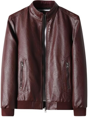 PEGENO Giacca in pelle da uomo, casual, classica, in similpelle, alla moda, da uomo, calda, in peluche, rosso vivo, XL