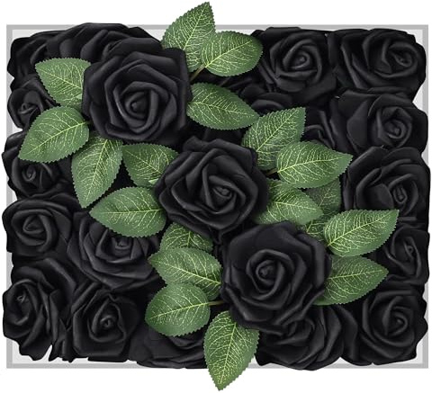 Petalscentusia Artificial Roses 25 pcs Fake Roses with Stems and 18 Leaves Foam Latex for Wedding Bouquets, Valentine's Day, Home Décor, and Party Decorations (Black Roses)