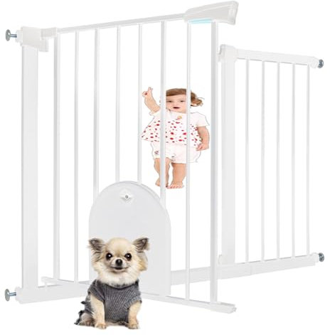 XINZI Barrière de protection d'escalier, sans perçage, 105 à 115 cm, avec rabat pour animaux de compagnie, sécurité enfant, bébé, avec porte, fermeture automatique, blanche