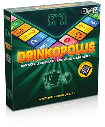 Drinkopolus – Partyspiel für Erwachsene ab 18, Trinkspiel für 2–8 Spieler, inkl. Bonusspiel „Theke“, Brettspiel für Geburtstag, Silvester, Party, Freundeabend