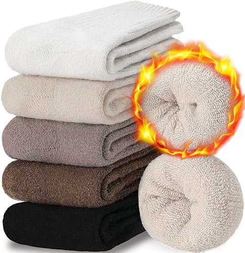 EBMORE Damen Merino Wollsocken Warme Thermosocken Dicke Wolle Socken Wandersocken Wintersocken Geschenke für Damen 5 Paar(Beige/Weiß/Schwarz/Khaki)