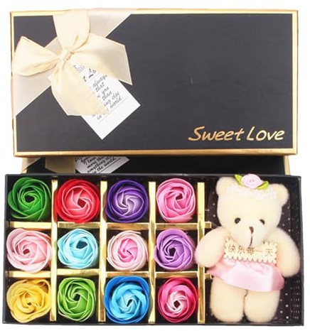 Barattolo di sapone da bagno profumato petali di fiori di rosa,scatola regalo di fiori di barra di sapone di rosa - Set di 12 barre di sapone rosa carine con orso, barra di sapone rosa regalo