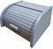 Large gray wooden breadbox with a slatted opening mechanism. It stands out with its strong construction and natural materials