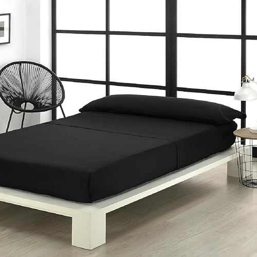 Sábanas 180x200 - Juego de Sábanas 4 Piezas - 100% Microfibra Suave y Transpirable - Sábana Bajera Ajustable, Encimera y 2 Fundas de Almohada - Ropa de Cama Lisa y Elegante (Negro)