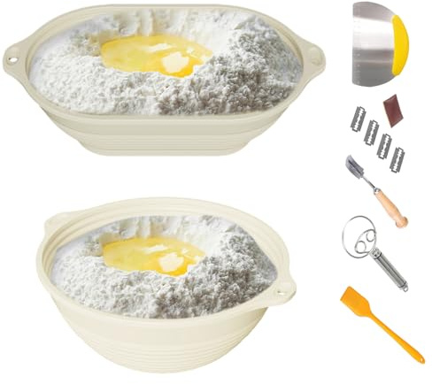 Set med jäsningskorgar för brödjäsning | Non-stick behållare för deguppjästning med tillbehör - Set med 6 hopfällbara universalverktyg inklusive spatel och pensel för hembakning