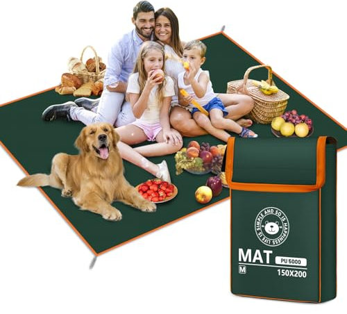 RUVVDR Manta Picnic Impermeable Manta Playa Grande con 4 Estacas de Suelo,Beach Mat para Camping, Parque, Picnic, Playa, Viajes, Ligera,Lavable a Máquina,Plegable (Verde, 150 x 200 CM)